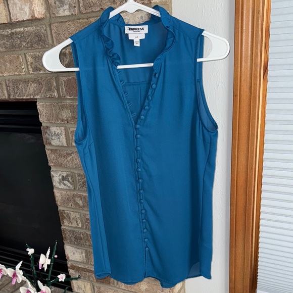 Express Blue Sleeveless Ruffled Blouse with Mandarin Collar - Picture 1 of 3